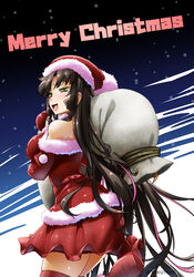  black_hair breasts christmas commentary fate/grand_order fate_(series) female fur-trimmed_headwear fur_trim hat holding holding_sack large_breasts long_hair merry_christmas multicolored_hair purple_hair red_hat sack santa_costume santa_hat sessyoin_kiara solo streaked_hair takuteks very_long_hair yellow_eyes 