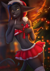  5_fingers anthro anubian_jackal black_hair black_nose bottomwear canid canine canis christmas christmas_clothing christmas_headwear christmas_tree clothed clothing crossdressing deadman_joe_velasquez digital_media_(artwork) eyebrows eyelashes femboy fingers hair hat headgear headwear holidays jackal kammi-lu lingerie male mammal midriff miniskirt navel plant santa_hat skirt smile solo tree yellow_eyes 