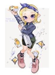  air_bubble ankle_socks arm_up artist_name autobomb_(splatoon) bad_id bad_twitter_id bandana bike_shorts black_shorts black_socks blonde_hair blue_bandana blue_eyes blue_headband border brella_(splatoon) bubble collared_shirt commentary cross-laced_footwear female full_body grey_background grey_shirt grey_skirt headband highres holding holding_umbrella holding_weapon long_sleeves looking_at_viewer medium_hair miniskirt octoling octoling_girl octoling_player_character open_mouth outside_border pink_footwear shirt shoes shorts shorts_under_skirt signature single_vertical_stripe skirt smile sneakers socks solo splat_bomb_(splatoon) splat_brella_(splatoon) splatoon_(series) splatoon_2 standing suction_cups symbol-only_commentary tentacle_hair umbrella ume_(plumblossom) weapon white_border 