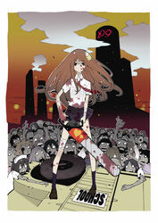  bandaged_leg bandages black_legwear black_skirt blood blood_on_face bloody_clothes bloody_weapon blush brown_hair building chainsaw closed_mouth dowman_sayman female hair_ornament heart holding holding_chainsaw holding_weapon kneehighs long_hair necktie original outdoors shibuya_109 shirt skirt standing striped striped_neckwear torn_clothes weapon white_shirt zombie 