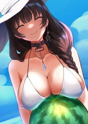  asymmetrical_hair beach belt_collar bikini black_hair blue_flower blue_sky blurry braid braided_ponytail breasts cleavage closed_eyes closed_mouth collar day female flower food fruit goddess_of_victory:_nikke hair_over_shoulder hat highres holding holding_food huge_breasts jewelry long_hair mary_(bay_goddess)_(nikke) mary_(nikke) necklace official_alternate_costume outdoors sayu_mypace sky smile solo sun_hat swimsuit watermelon white_bikini white_hat 