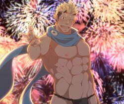  1boy abs absurdres bara black_fundoshi black_hair black_male_underwear blonde_hair blush bulge crow_(siranui) firework_background fireworks fundoshi highres horns japanese_clothes jiraiya_(housamo) large_pectorals looking_at_viewer male_focus male_underwear multicolored_hair muscular muscular_male navel nipples pectorals scarf short_hair smile solo tokyo_afterschool_summoners topless_male underwear upper_body 