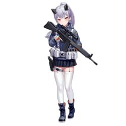  assault_rifle boots closed_mouth colored_shoe_soles cross-laced_footwear female fkey full_body garter_straps girls&#039;_frontline gloves grey_hair gun h&amp;k_hk33 hk33_(girls&#039;_frontline) holding holding_gun holding_weapon jacket long_hair long_sleeves looking_at_viewer official_art ponytail red_eyes rifle solo thighhighs transparent_background weapon white_gloves white_thighhighs 