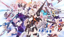  1boy 6+girls absurdres ahoge ai-chan_(honkai_impact) animal_ears armor armored_dress banner bare_shoulders benares_(honkai_impact) black_dress black_gloves black_hair black_legwear blood_embrace blue_eyes blue_hair blue_legwear blush boots bra braid breasts bronya_zaychik bronya_zaychik_(herrscher_of_reason) brown_eyes captain_(honkai_impact) chibi china_dress chinese_clothes cleavage closed_mouth collarbone cropped_jacket cropped_vest crossed_bangs detached_collar detached_sleeves double_bun dragon dress drill_hair dual_wielding earrings elbow_gloves everyone feathers fingerless_gloves flat_chest floating_hair fox_ears fox_tail fu_hua fu_hua_(phoenix) full_body gauntlets gloves gold_trim gradient_hair green_hair grey_hair grin gun hair_between_eyes hair_bun hair_flaps hair_ornament hair_over_one_eye hair_ribbon hat heterochromia high_collar highres higokumaru holding holding_gun holding_polearm holding_scythe holding_sword holding_weapon honkai_(series) honkai_impact_3rd horns huge_ahoge jacket japanese_clothes jewelry jingwei&#039;s_wings kallen_kaslana kallen_kaslana_(sin_hunter) kiana_kaslana kiana_kaslana_(void_drifter) lance large_breasts layered_dress liliya_olenyeva long_hair looking_at_viewer low_ponytail mask mask_on_head medium_breasts military military_uniform multicolored_hair multiple_girls murata_himeko murata_himeko_(vermillion_knight) oerba_yun_fang off_shoulder official_alternate_costume open_clothes open_mouth pants pantyhose parted_bangs parted_lips partial_bodysuit pelvic_curtain pink_hair polearm ponytail project_bunny purple_eyes purple_hair quad_drills raiden_mei raiden_mei_(lightning_empress) red_eyes red_hair ribbon rita_rossweisse rita_rossweisse_(artemis) rozaliya_olenyeva scythe seele_vollerei seele_vollerei_(swallowtail_phantasm) selune&#039;s_elegy short_hair shorts side_braid side_ponytail side_slit sidelocks single_braid single_elbow_glove sirin skirt small_breasts smile standing streaked_hair striped_clothes striped_pantyhose sword symbol-shaped_pupils tail theresa_apocalypse theresa_apocalypse_(twilight_paladin) thick_eyebrows thighhighs thighlet torn_clothes torn_skirt twin_braids underwear uniform very_long_hair vest weapon white_gloves white_hair white_legwear white_pants ya_lei_wusheng yae_sakura yae_sakura_(goushinnso_memento) yellow_eyes 