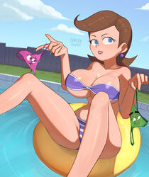  barleyshake bikini blue_eyes blue_sky breasts brown_hair cleavage cloud cloudy_sky cosmo_(fairly_oddparents) earrings feet_out_of_frame female fence grass innertube jewelry large_breasts looking_at_viewer medium_hair mrs._turner purple_bikini signature sky solo swim_ring swimsuit the_fairly_oddparents unworn_bikini_bottom wanda_(fairly_oddparents) wet 