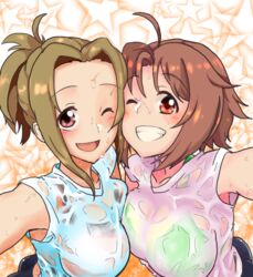  2girls ahoge ass asymmetrical_docking black_bra blush bra bra_visible_through_clothes breast_press breasts brown_hair green_bra grin idolmaster idolmaster_cinderella_girls kurushima_gire manabe_itsuki medium_breasts multiple_girls one_eye_closed orange_eyes outstretched_arms pink_eyes ponytail saito_yoko see-through see-through_shirt shirt short_hair short_sleeves sidelocks smile star_(symbol) starry_background sweat sweaty_clothes t-shirt underwear upper_body wet wet_clothes 