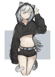  absurdres alternate_costume animal_ear_fluff animal_ears arknights arm_at_side arm_up belt cat_ears cat_girl cat_tail closed_mouth colored_eyelashes crop_top cropped_hoodie cropped_legs drawstring ears_through_headwear female grey_background grey_hair hair_between_eyes highres hood hood_up hoodie koane_k long_hair looking_at_viewer midriff navel ponytail schwarz_(arknights) short_shorts shorts solo stomach tail thigh_gap two-tone_background very_long_hair yellow_eyes 