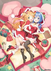  2girls ;d ahoge amiami_(company) amico animal_ears animal_hood ass bell black_choker black_legwear blue_eyes blue_hair blush boots bow box breasts brown_footwear brown_hair capelet choker christmas cleavage commentary_request dress fake_animal_ears full_body fur-trimmed_boots fur-trimmed_capelet fur-trimmed_dress fur-trimmed_gloves fur-trimmed_headwear fur_trim garter_straps gift gift_box gloves green_background green_bow green_eyes hair_bell hair_intakes hair_ornament hat heart high_heel_boots high_heels highres holding_hands hood hood_up hooded_capelet interlocked_fingers kani_biimu lilco looking_at_viewer medium_breasts multiple_girls one_eye_closed red_capelet red_dress red_footwear red_gloves red_headwear santa_costume santa_hat smile strapless strapless_dress striped striped_bow sweat thighhighs thighhighs_under_boots two_side_up unworn_hat unworn_headwear 