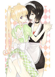  2girls apron back back_cutout bad_id bad_pixiv_id black_choker black_hair blonde_hair blue_eyes blush bow bra bra_peek brown_eyes choker closed_mouth clothing_cutout collarbone comiket_87 diamond_cutout frills gradient_eyes hand_on_another&#039;s_waist heart heart-shaped_pupils holding holding_hands long_hair looking_at_viewer looking_back mgg_(x_arte) multicolored_eyes multiple_girls original panties parted_lips patterned patterned_background patterned_clothing pink_lips pink_pupils purple_eyes red_bra red_lips short_hair smile symbol-shaped_pupils twintails underwear white_bow white_panties 