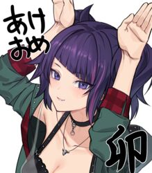  akimikan_(2.5deciliter) arms_up black_choker breasts choker cleavage closed_mouth collarbone commentary_request diagonal_bangs female green_jacket idolmaster idolmaster_shiny_colors jacket long_sleeves looking_at_viewer medium_breasts multicolored_hair open_clothes open_jacket purple_eyes purple_hair simple_background smile solo streaked_hair tanaka_mamimi translation_request twintails upper_body white_background 