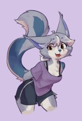  anthro bottomwear breasts clothed clothing cute_fangs digital_media_(artwork) dolphin_shorts domestic_cat felid feline felis female hair hi_res kelly_(ruribec) lynx mammal open_mouth ruribec shaded shorts smile solo somali_cat standing yellow_eyes 