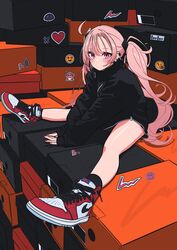  absurdres ahoge air_jordan air_jordan_1 black_jacket black_socks blush box cardboard_box closed_mouth ear_piercing emoji female full_body heart high_tops highres jacket long_hair long_sleeves looking_at_viewer luvluvvox nike_(company) original piercing pink_hair red_eyes shoe_box shoes sitting sleeves_past_wrists sneakers socks solo spread_legs sticker twintails v_arms very_long_hair 