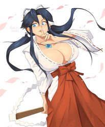  barleyshake black_hair blue_eyes breasts cleavage cowboy_shot female hakama highres index_finger_raised japanese_clothes jewelry large_breasts long_hair long_sleeves looking_at_viewer miko necklace pants red_hakama red_pants red_ribbon ribbon ribbon-trimmed_sleeves ribbon_trim sengoku_ace sengoku_blade shirt signature simple_background solo togashi_koyori white_background white_shirt 