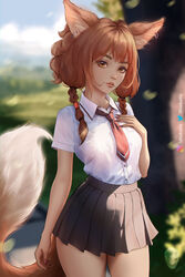  absurdres animal_ears blurry blurry_background borrowed_character braid breasts brown_eyes brown_hair cowboy_shot earrings female fingernails fox_ears fox_tail highres idiabolis jewelry khiara_(personal_ami) lips long_hair looking_at_viewer necklace necktie original pleated_skirt school_uniform sharp_fingernails shirt short_sleeves skirt small_breasts tail tooth_necklace twin_braids white_shirt 