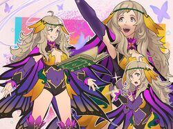  ahoge arm_up blonde_hair bodystocking book breasts butterfly_wings cape captcarrotcake circlet cleavage covered_navel female fire_emblem fire_emblem_fates fire_emblem_heroes floating floating_book floating_object grey_eyes highres insect_wings leotard long_hair medium_breasts official_alternate_costume open_mouth ophelia_(fire_emblem) ophelia_(resplendent)_(fire_emblem) pantyhose parted_bangs purple_pantyhose swept_bangs teeth turtleneck upper_teeth_only wing_cape wings 