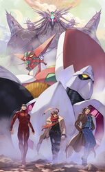  3boys bandaged_hand bandages black_eyes black_hair blue_hair bodysuit brown_coat coat denim getter_robo gou_saotome hair_behind_ear hands_in_pockets highres jeans jin_hayato looking_up male_focus mecha multiple_boys nagare_ryoma open_hands pants pectorals red_bodysuit robot science_fiction shin_getter-1 shin_getter_robo skin_tight super_robot trench_coat vldhomecenter walking 