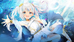  :d absurdres bare_shoulders blue_eyes blue_hair blue_nails braid collarbone commentary_request dress feet_out_of_frame female gawr_gura gawr_gura_(party_dress) highres hololive hololive_english long_hair mocha_(naturefour) multicolored_hair nail_polish official_alternate_costume outstretched_arm signature smile solo streaked_hair twintails virtual_youtuber white_dress white_hair 