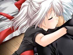  1boy closed_eyes female game_cg gloves hug kissing nayuta_(triptych) nimura_yuuji riona_(triptych) short_hair straight triptych white_hair 