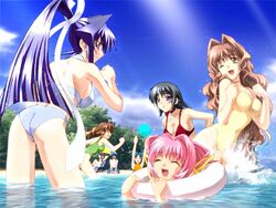  1boy 6+girls ass ayamine_kei beach bikini black_hair blue_eyes blue_hair bou_(inubou) braid breasts brown_eyes brown_hair choker cleavage closed_eyes day game_cg glasses imageboard_desourced innertube jinguuji_marimo kouzuki_yuuko large_breasts long_hair medium_breasts mitsurugi_meiya multiple_girls muv-luv non-web_source one-piece_swimsuit one_eye_closed outdoors pink_hair ponytail purple_eyes sakaki_chizuru shirogane_takeru short_hair swim_ring swimsuit tamase_miki water yoroi_mikoto 