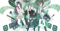  3girls aqua_eyes aqua_hair armband boots breasts brown_eyes brown_hair casual cigarette cleavage commentary_request dress earrings guitar hatsune_miku hoop_earrings instrument jewelry large_breasts long_hair medium_breasts megurine_luka meiko_(vocaloid) microphone midriff multiple_girls necklace poo_(saku) purple_eyes purple_hair short_hair shorts speaker sunglasses thighhighs twintails vocaloid wristband 