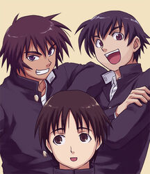  3boys azumanga_daiou bad_id bad_pixiv_id black_hair bonklers brown_eyes brown_hair gakuran genderswap_(ftm) kagura_(azumanga_daioh) kasuga_ayumu lowres male_focus multiple_boys rule_63 school_uniform shiwashiwa_no_kinchakubukuru simple_background smile takino_tomo tan 