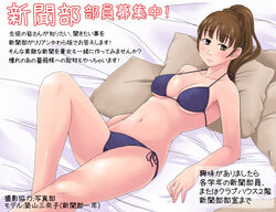  bikini brown_eyes brown_hair commentary_request female long_hair lying maria-sama_ga_miteru pillow ponytail solo swimsuit toshifumi translation_request tsukiyama_minako 