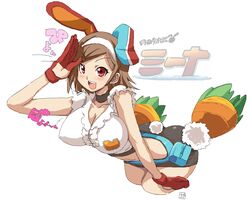  animal_ears ass belt blush bou_(artist) breasts brown_hair carrot choker commentary_request female getsumento_heiki_miina gloves headband large_breasts miniskirt rabbit_ears red_eyes salute short_hair skirt smile solo tail tsukishiro_mina 