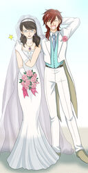  1boy blue_eyes bouquet bride brown_hair commentary_request dress earrings female flower formal glasses gloves good_end gundam gundam_00 jewelry kati_mannequin mole mole_under_mouth necklace nemunemu patrick_colasour photoshop_(medium) short_hair smile spoilers suit wedding wedding_dress 