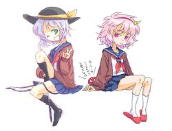  2girls alternate_costume commentary_request contemporary green_eyes grey_hair grin hairband hat heart komeiji_koishi komeiji_satori multiple_girls oekaki pink_eyes pink_hair roku_(warrock) school_uniform serafuku siblings sisters slippers smile touhou translation_request v 