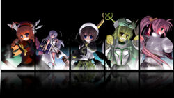  5girls blonde_hair book_of_the_azure_sky braid brown_hair column_lineup graf_eisen hat highres klarwind laevatein_(nanoha) long_hair lyrical_nanoha magical_girl mahou_shoujo_lyrical_nanoha mahou_shoujo_lyrical_nanoha_a&#039;s mini_person minigirl multiple_girls pink_hair ponytail red_hair reinforce_zwei sakakibara_rinnosuke schwertkreuz shamal signum sword tome_of_the_night_sky twin_braids vita_(nanoha) weapon wings yagami_hayate 