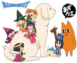  6+girls azumanga_daiou chibi commentary_request cosplay dragon_quest dragon_quest_iii kagura_(azumanga_daioh) kasuga_ayumu mihama_chiyo mihama_chiyo&#039;s_father mizuhara_koyomi multiple_girls nekokoneko riding sakaki_(azumanga_daioh) simple_background slime_(creature) slime_(dragon_quest) sword tadakichi-san takino_tomo weapon yama_(mahohon) 