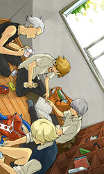  4boys bag bare_arms bare_shoulders blonde_hair bokurano book bottle bread briefcase brown_hair cameo cellphone character_doll collared_shirt commentary_request day dutch_angle flip_phone food from_above grey_eyes grey_hair hanamura_yousuke holding holding_book holding_food holding_needle holding_razor indian_style indoors jewelry knee_up koyemshi kuma_(persona_4) male_focus multiple_boys narukami_yuu necklace needle no_shoes on_floor open_book pants pencil_case persona persona_4 phone pointing razor reading safety_razor school_uniform sewing shaving shaving_leg shelf shirt short_sleeves shoulder_bag sitting sleeveless sleeves_rolled_up socks spool sweater_vest tatsumi_kanji unworn_bag wall water_bottle white_shirt window yoshi_92 