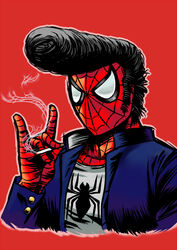  1boy animification cigarette commentary_request delinquent male_focus marvel parody pompadour red_background smoking solo spider-man spider-man_(series) stargeyser 