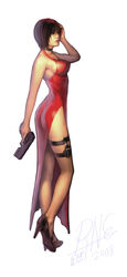  ada_wong black_hair dress female from_behind gun high_heels jayun legs red_dress resident_evil resident_evil_4 shoes short_hair side_slit solo standing thigh_strap weapon 