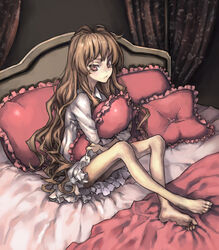  aisaka_taiga bad_feet bad_id bad_pixiv_id barefoot bed brown_eyes brown_hair feet female frilled_pillow frills gyamur hugging_object long_hair photoshop_(medium) pillow pillow_hug sick sitting solo toradora! 