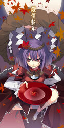  alcohol commentary_request cup female hair_ornament hanepochi leaf_hair_ornament moon onbashira purple_hair red_eyes rope sakazuki sake shide shimenawa solo touhou yasaka_kanako 