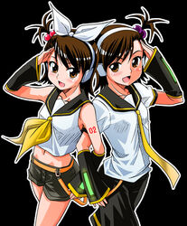  2girls back-to-back commentary_request cosplay crop_top crossdressing futami_ami futami_mami hair_bobbles hair_ornament headphones idolmaster idolmaster_(classic) idolmaster_1 kagamine_len kagamine_len_(cosplay) kagamine_rin kagamine_rin_(cosplay) locked_arms multiple_girls photoshop_(medium) rikumoto_yoshiyuki salute school_uniform shimoda_asami siblings sisters sleeveless twins vocaloid vocaloid_boxart_pose voice_actor_connection 