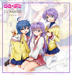  3girls :3 =_= ahoge bad_id bad_pixiv_id blue_eyes blue_hair blush clannad company_connection cosplay fujibayashi_ryou fujibayashi_ryou_(cosplay) hair_down hairdressing hiiragi_kagami hiiragi_tsukasa hikarizaka_private_high_school_uniform izumi_konata kneeling kyoto_animation long_hair lucky_star mole mole_under_eye multiple_girls neckerchief purple_hair red_neckerchief riku_(lingsky) ryouou_school_uniform school_uniform serafuku short_hair thighhighs zoom_layer 