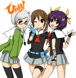  1boy 2girls azami_(himawari) bad_id bad_pixiv_id belt black_thighhighs blowing_kiss bridal_gauntlets brown_hair double_bun fishnets glasses gloves green_shirt hair_bun hair_ribbon hand_on_own_hip heart himawari! hinata_himawari leg_lift looking_at_viewer looking_back masaki_(celesta) multiple_girls ninja one_eye_closed orange_eyes otoko_no_ko purple_hair ribbon school_uniform serafuku shikimi_(himawari) shirt short_hair shuriken side_ponytail silver_hair skirt smile sweater thigh_strap thighhighs weapon zettai_ryouiki 