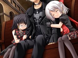  1boy 2girls black_hair dress game_cg glasses multiple_girls natsuki_(triptych) nayuta_(triptych) nimura_yuuji plaid plaid_skirt punk riona_(triptych) skirt sleeping thighhighs triptych white_hair 