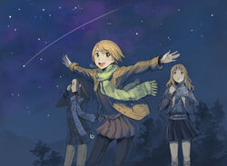  3girls akeno_mihoshi black_hair boots brown_eyes brown_hair coat commentary_request denim green_eyes long_hair makita_hime multiple_girls night night_sky outstretched_arms pantyhose photoshop_(medium) scarf shooting_star short_hair skirt sky sora_no_manimani spread_arms star_(sky) starry_sky tko_(kkk66) yarai_sayo 