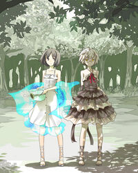  2girls ankle_lace-up black_eyes black_hair commentary_request cross-laced_footwear dress flat_chest forest frills glasses hat holding holding_clothes holding_hat multiple_girls nature nazo_kichi original photoshop_(medium) sandals short_hair smile tree tree_shade unworn_hat unworn_headwear white_hair yellow_eyes 