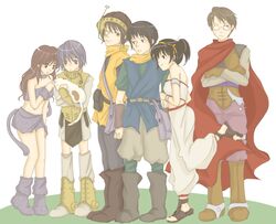  3boys 3girls ;) animal arm_hug asahina_mikuru ayla_(chrono_trigger) ayla_(chrono_trigger)_(cosplay) bad_id bad_pixiv_id bag belt black_hair blue_tunic boots breasts brown_eyes brown_footwear brown_gloves brown_hair brown_headwear cape chrono_trigger closed_mouth codpiece cosplay crono_(chrono_trigger) crono_(chrono_trigger)_(cosplay) crossed_arms everyone fake_tail feline frown full_body glasses gloves green_shirt hairband headset helmet highres holding holding_animal holding_cat koizumi_itsuki kyon leg_up locked_arms long_hair looking_at_another lucca_ashtear lucca_ashtear_(cosplay) magus_(chrono_trigger) magus_(chrono_trigger)_(cosplay) marle_(chrono_trigger) marle_(chrono_trigger)_(cosplay) midriff multiple_boys multiple_girls nagato_yuki one_eye_closed opaque_glasses open_mouth partially_opaque_glasses purple_eyes purple_hair red_cape robo_(chrono_trigger) robo_(chrono_trigger)_(cosplay) sandals scarf senri_(snr405) shamisen_(suzumiya_haruhi) shirt short_hair short_ponytail shoulder_bag simple_background smile standing standing_on_one_leg student_council_president_(suzumiya_haruhi) suzumiya_haruhi suzumiya_haruhi_no_yuuutsu tail white_background yellow_hairband yellow_scarf 