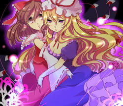  2girls blonde_hair bow breasts brown_eyes brown_hair chigo choker cleavage detached_sleeves dress frilled_bow frills gloves hairbow hakurei_reimu hat long_hair mob_cap multiple_girls multiple_hair_bows puffy_short_sleeves puffy_sleeves purple_dress purple_eyes red_bow red_choker red_ribbon ribbon ribbon-trimmed_sleeves ribbon_trim short_sleeves touhou white_gloves white_hat white_sleeves yakumo_yukari 