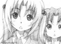  2girls commentary_request gofu greyscale minami-ke monochrome multiple_girls sketch traditional_media uchida_yuka yoshino_(minami-ke) 