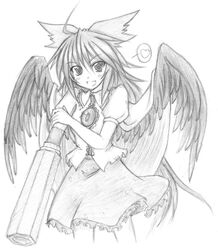  arm_cannon bad_id bad_pixiv_id eku female greyscale monochrome photoshop_(medium) reiuji_utsuho ribbon sketch solo touhou weapon wings 