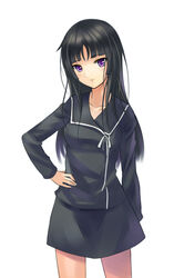  black_hair blunt_bangs commentary_request crazyodin female ga-rei ga-rei_zero highres isayama_yomi long_hair photoshop_(medium) purple_eyes school_uniform skirt smile solo 