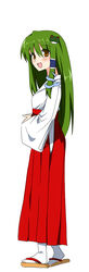  :d commentary_request female full_body green_hair hair_ornament hakama highres japanese_clothes kochiya_sanae long_hair long_sleeves looking_at_viewer miko morino_harifu open_mouth orange_eyes red_hakama sandals simple_background smile solo standing touhou white_background zouri 