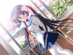  black_hair dutch_angle female game_cg haruiro_ouse imageboard_desourced long_hair non-web_source pantyhose sakuragi_konoha school_uniform serafuku solo tsukimori_hiro twintails white_pantyhose 