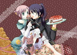  1boy bad_id bad_pixiv_id cake candy carpaccio_yamada dress earrings estellise_sidos_heurassein feeding female food fruit jewelry macaron official_alternate_costume pastry strawberry stuffed_animal stuffed_rabbit stuffed_toy tales_of_(series) tales_of_vesperia yuri_lowell yuri_lowell_(true_knight) 